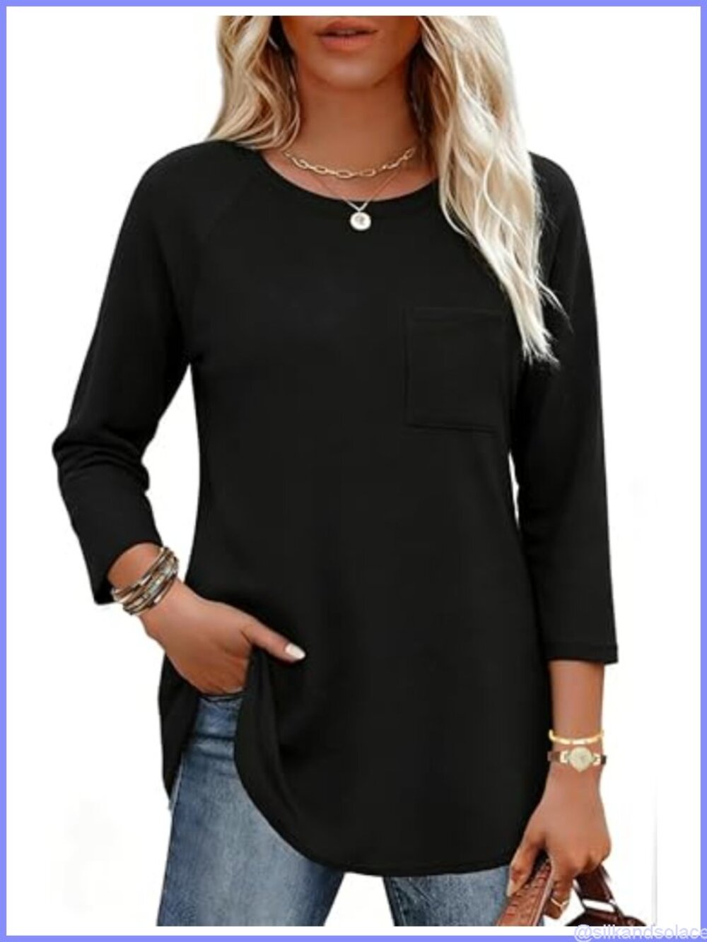 Womens 3/4 Sleeve Tunic Top Loose Fit Crewneck Chest Pocket
